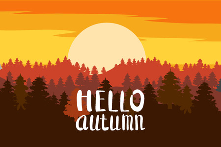 Hello Autumn, forest, mountains, silhouettes of pine trees, firs panorama horizon letteringのイラスト素材