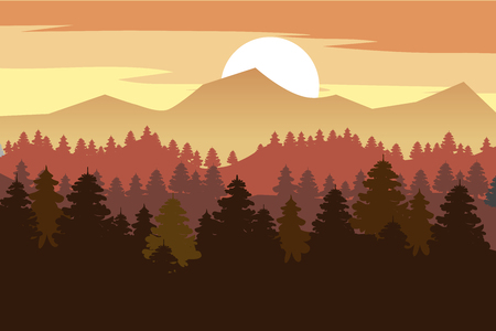 Forest, mountains, silhouettes of pine trees, firs panorama horizonのイラスト素材