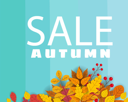 Banner for Autumn Sale, background with falling leaves, yellow, orange, brown fall letteringのイラスト素材