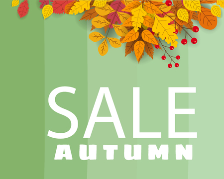 Banner for Autumn Sale, background with falling leaves, yellow, orange, brown fall letteringのイラスト素材