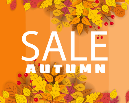 Banner for Autumn Sale, background with falling leaves, yellow, orange, brown fall letteringのイラスト素材