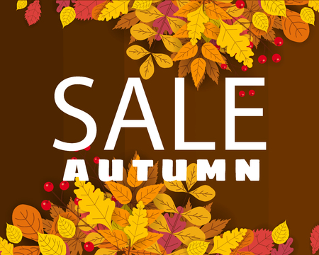 Banner for Autumn Sale, background with falling leaves, yellow, orange, brown fall letteringのイラスト素材