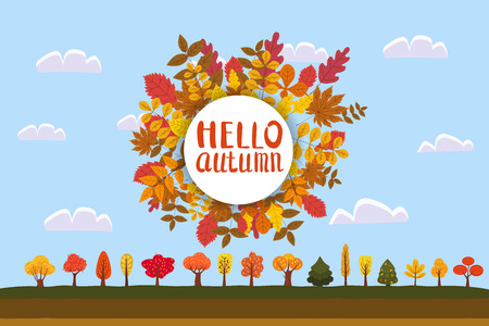 Hello Autumn, background with falling leaves, yellow, orange, brown fall letteringのイラスト素材