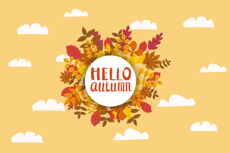 Hello Autumn, background with falling leaves, yellow, orange, brown fall letteringのイラスト素材