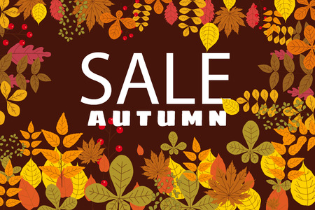 Banner for Autumn Sale, background with falling leaves, yellow, orange, brown fall letteringのイラスト素材