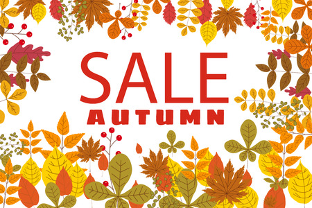 Banner for Autumn Sale, background with falling leaves, yellow, orange, brown fall letteringのイラスト素材