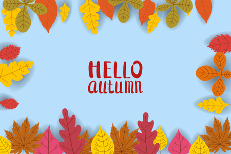 Hello Autumn, background with falling leaves, yellow, orange, brown fall letteringのイラスト素材