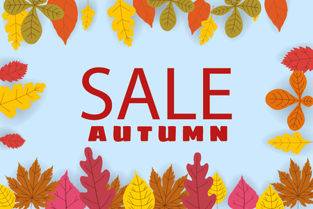 Banner for Autumn Sale, background with falling leaves, yellow, orange, brown fall letteringのイラスト素材