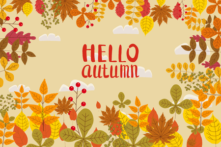 Hello Autumn, background with falling leaves, yellow, orange, brown fall letteringのイラスト素材