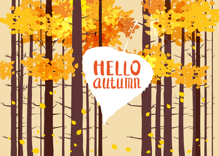 Hello autumn, lettering on an autumn leaf, fall, background landscape forest, tree trunksのイラスト素材