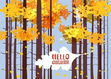 Hello autumn, lettering on an autumn leaf, fall, background landscape forest, tree trunksのイラスト素材