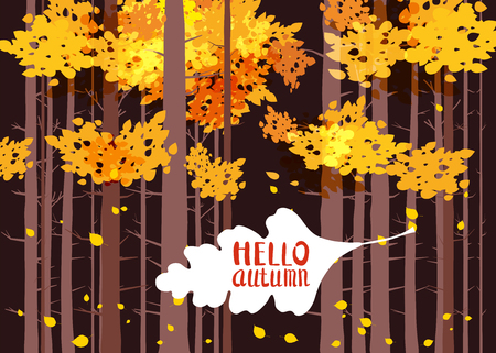 Hello autumn, lettering on an autumn leaf, fall, background landscape forest, tree trunksのイラスト素材