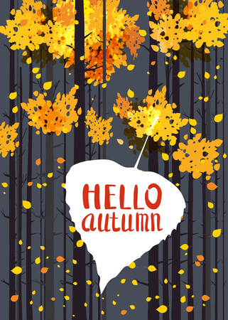 Hello autumn, lettering on an autumn leaf, fall, background landscape forest, tree trunksのイラスト素材