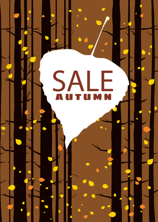 Sale autumn on an autumn leaf, fall, background landscape forest, tree trunks, template for banner, poster, vector, illustration, isolatedの写真素材