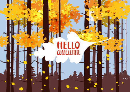 Hello autumn, lettering on an autumn leaf, fall, background landscape forest, tree trunks, template for banner, poster, vector, illustration, isolatedの写真素材