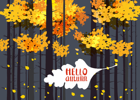 Hello autumn, lettering on an autumn leaf, fall, background landscape forest, tree trunksのイラスト素材
