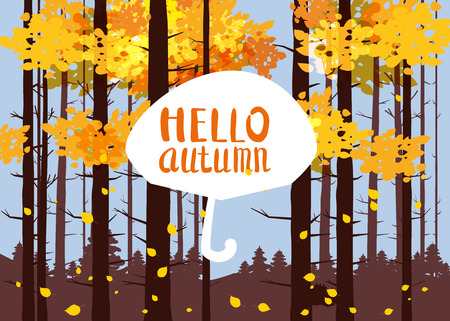 Hello autumn, lettering on an autumn leaf, fall, background landscape forest, tree trunksのイラスト素材