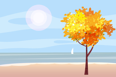 Autumn landscape on the sea, ocean, tree, sailboat panoramaのイラスト素材