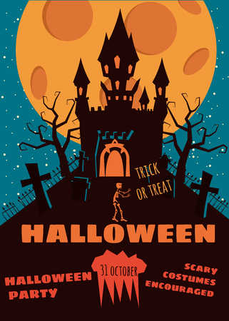 Halloween party, abandoned castle night, moon, cemetery, cartoon style, postcard, vector, illustration, bannerのイラスト素材
