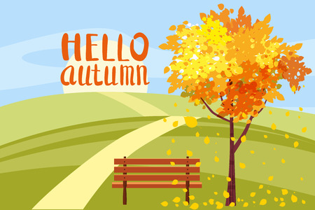 Autumn landscape, Hello autumn letterung, tree with fallen leaves, wooden benchのイラスト素材
