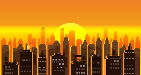 Cityscape sunset. Modern city skyline panoramic vector background. Urban city tower skyscrapers skyline illustration, isolated, illustrationの写真素材