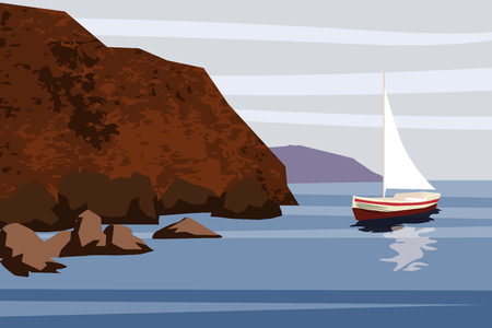 Seascape with rocks and clouds. Vector cartoon illustrationのイラスト素材