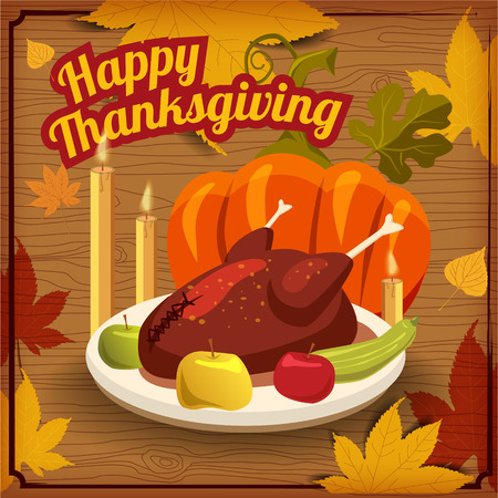 Happy Thanksgiving card, festive dinner, turkey, pumpkin, apples, candles, background, template, poster. Vector illustration.のイラスト素材