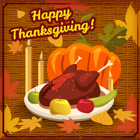 Happy Thanksgiving card, festive dinner, turkey, pumpkin, apples, candles, background, template, poster. Vector illustration.の写真素材