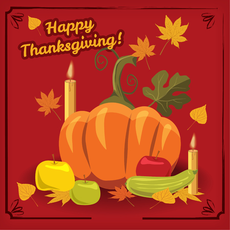 Happy Thanksgiving card, gala dinner, pumpkin, apples, candles, background, template, poster. Vector illustration.の写真素材