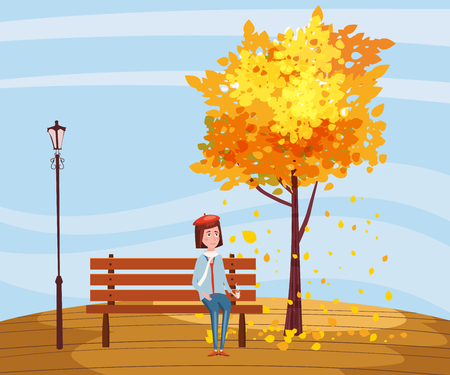 Autumn, happy girl sitting on a bench with a cup of coffee, under a tree with falling leavesのイラスト素材