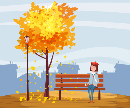 Autumn, happy girl sitting on a bench with a cup of coffee, under a tree with falling leavesのイラスト素材