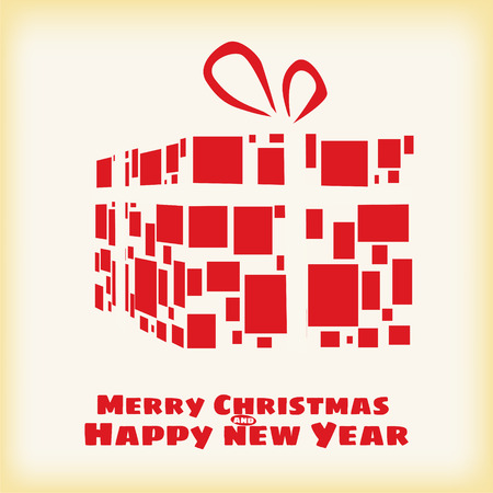 Happy Christmas and New Year, box gift stylized, vector, template, greeting card, banner, isolated, cartoon styleの写真素材