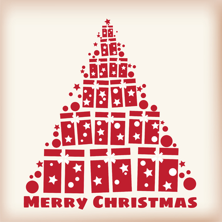 Merry christmas, spruce stylized from gifts, vector, template, greeting card, banner, isolated, cartoon styleの写真素材
