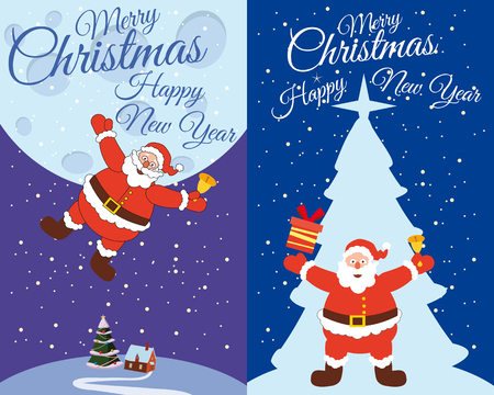 A set of postcards Santa Claus flying with a bell to give gifts, standing near a spruce tree with a gift. Happy Christmas and New Year, vector, template, greeting card, banner, isolated, cartoonの写真素材