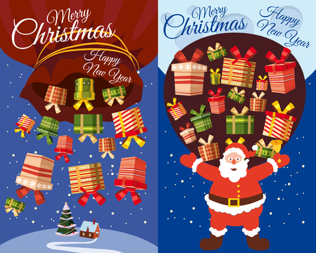 Set of postcards Santa Claus flying with presents and gifts falling from Santa s bag. Happy Christmas and New Year, vector, template, greeting card, banner, isolated, cartoon styleの写真素材
