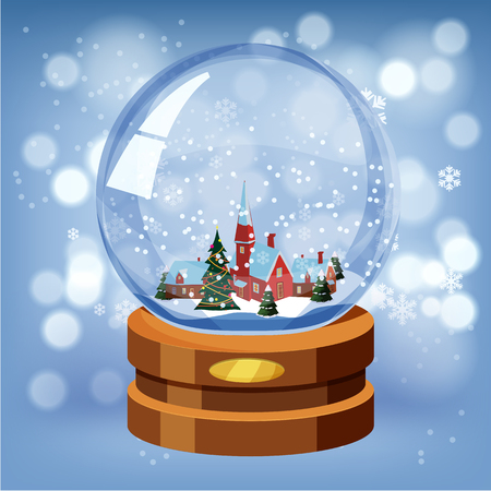 Snow globe with shiny snow and winter landscape, golden badge on brown wooden baseのイラスト素材