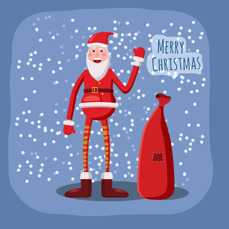 Funny Cute Santa Claus with a bag of gifts waving his hand, falling snow, snowflakes, vector, template, greeting card, banner, isolated, cartoon styleの写真素材