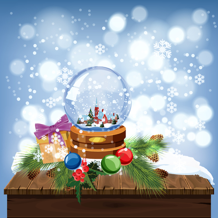 Snow globe with shiny snow and winter landscape, on wooden table, Christmas decorations, golden badge on brown wooden base. Vector Christmas design element. Cartoon style, vector, isolatedの写真素材