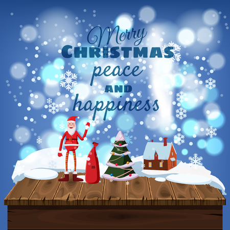 Merry Christmas card, shiny falling snowflakes and toy winter landscape, Santa Claus with bag of gifts, golden badge on brown wooden base. Wooden table. Vector Christmas design element. Cartoon style, vector, isolatedの写真素材