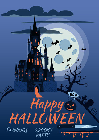 Happy Halloween pumpkin in the cemetery, an abandoned black castle, a full moon dark night, crosses and tombstones. Vector, isolated, holiday greeting card, poster, banner, cartoon styleのイラスト素材