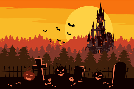 Happy Halloween pumpkin in the cemetery, black abandoned castle, gloomy autumn forest, panorama, sunset, crosses and tombstones. Vector, isolated, holiday greeting card, poster, banner, cartoon styleのイラスト素材