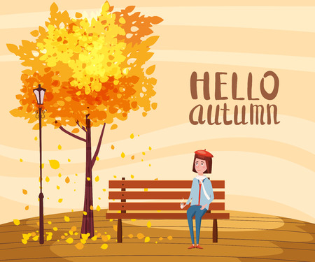 Hello Autumn, happy girl sitting on a bench with a cup of coffee, under a tree with falling leaves in a park, lettering, vector, illustration, isolatedの写真素材