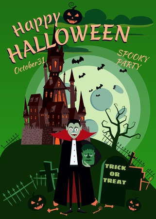 Happy Halloween pumpkin in the cemetery, abandoned black castle, Vampire with head Zombies, full moon dark night, crosses and tombstones. Vector, isolated, holiday greeting card, poster, banner, cartoon styleのイラスト素材