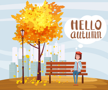 Hello Autumn, happy girl sitting on a bench with a cup of coffee, under a tree with falling leaves, letteringのイラスト素材