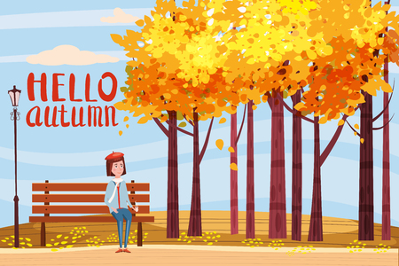 Hello Autumn, happy girl sitting on a bench with a cup of coffee, under a tree with falling leavesのイラスト素材
