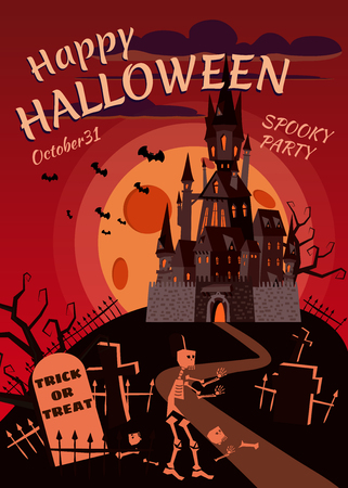 Happy Halloween pumpkin in the cemetery, an abandoned black castle, a full moon dark night, crosses and tombstones. Vector, isolated, holiday greeting card, poster, banner, cartoon styleのイラスト素材