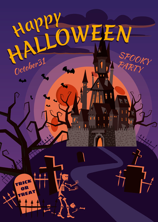 Happy Halloween pumpkin in the cemetery, an abandoned black castle, a full moon dark night, crosses and tombstones. Vector, isolated, holiday greeting card, poster, banner, cartoon styleのイラスト素材
