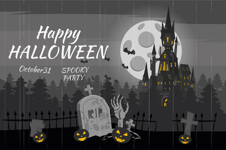 Happy Halloween pumpkin in the cemetery, black abandoned castle, gloomy autumn forest, panorama, full moon dark night, crosses and tombstones, hand from the grave, bats.のイラスト素材