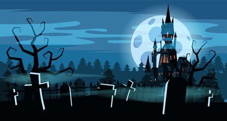 Template Halloween holiday graveyard, black abandoned castle, gloomy autumn forest, panorama, moon, crosses and tombstones. Vector, isolated, invitation card, poster, banner, cartoon style.のイラスト素材