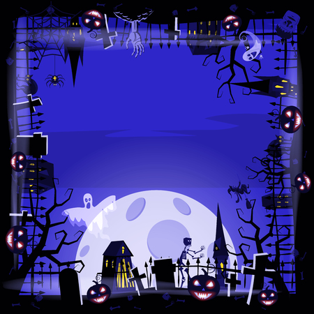 Template Halloween holiday pumpkin, cemetery, black abandoned castle, attributes of the holiday of All Saints, ghost, spider, black cat, a witch on a broomstick, a gloomy autumn forest, panorama, the moon, crosses and tombstones. Vector, isolated, invitation card, poster, banner, cartoon style.のイラスト素材